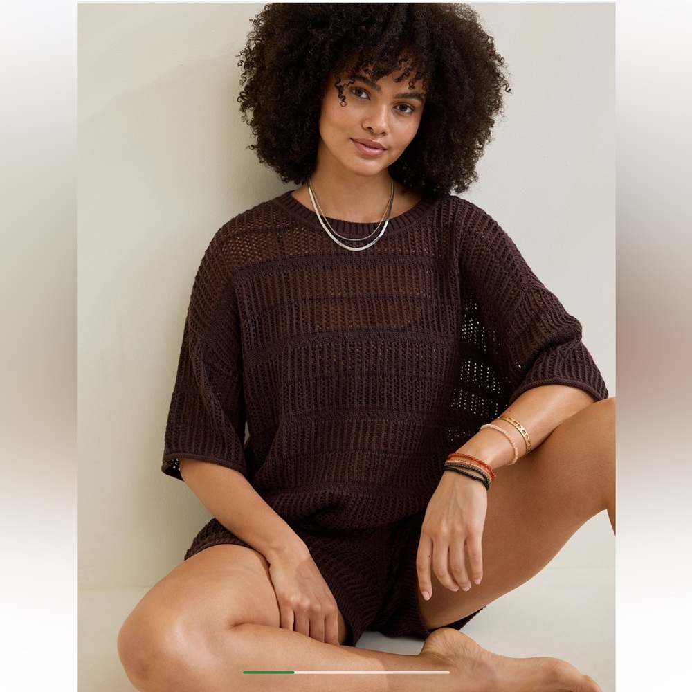 Aerie Crochet Oversized Short Sleeve Sweater S